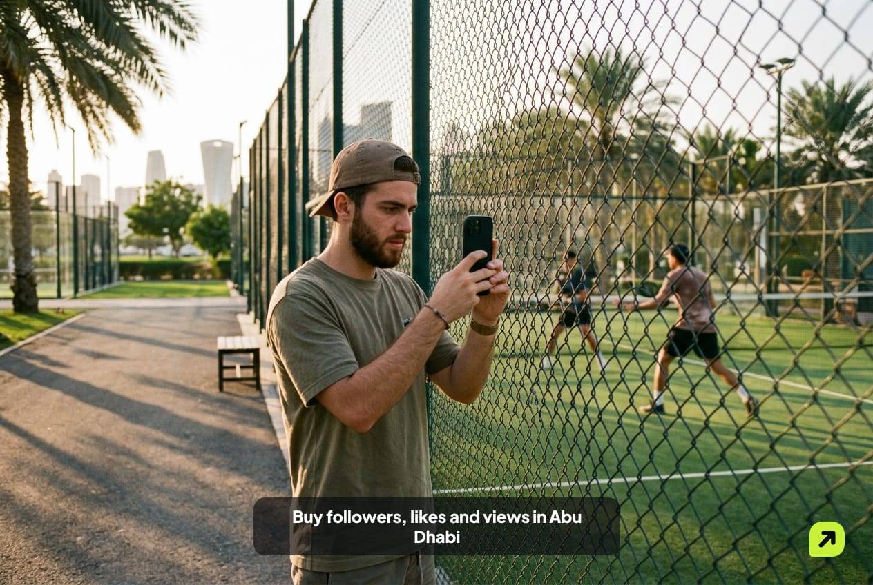 Man filming a padel game on an outdoor court on Yas Island, Abu Dhabi, at golden hour