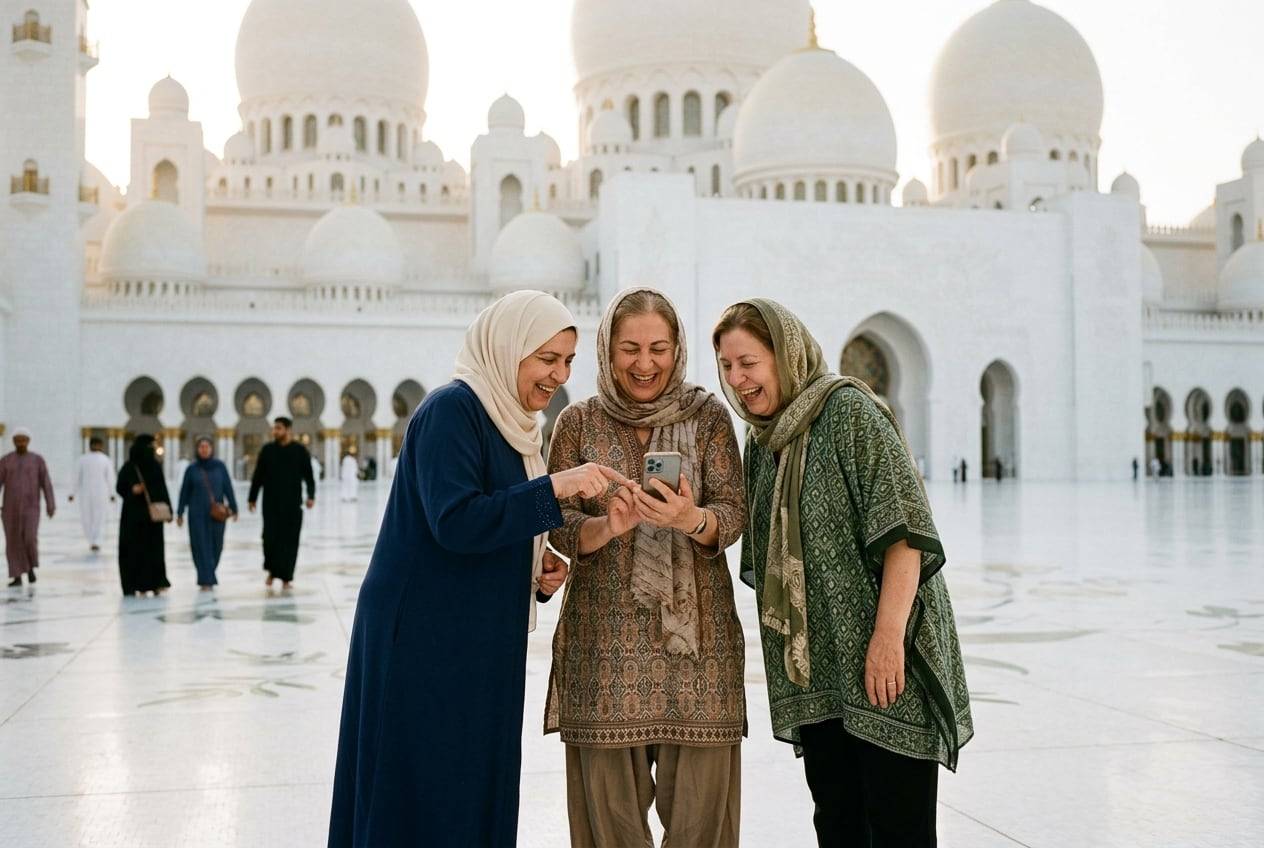 Three older friends at the Sheikh Zayed Grand Mosque courtyard, Abu Dhabi, modestly dressed, looking at a phone together and laugh at the replies