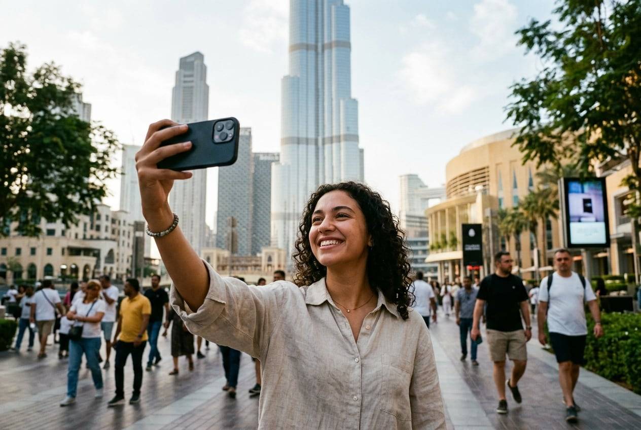 A young woman in front of the Burj Khalifa, Dubai, taking a selfie-style photo for a Instagram profile with a phone held up