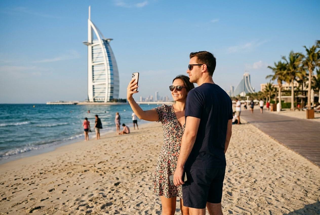 A couple at the Burj Al Arab viewpoint on Jumeirah Beach, Dubai, photographing the view and each other with a phone for an Instagram post