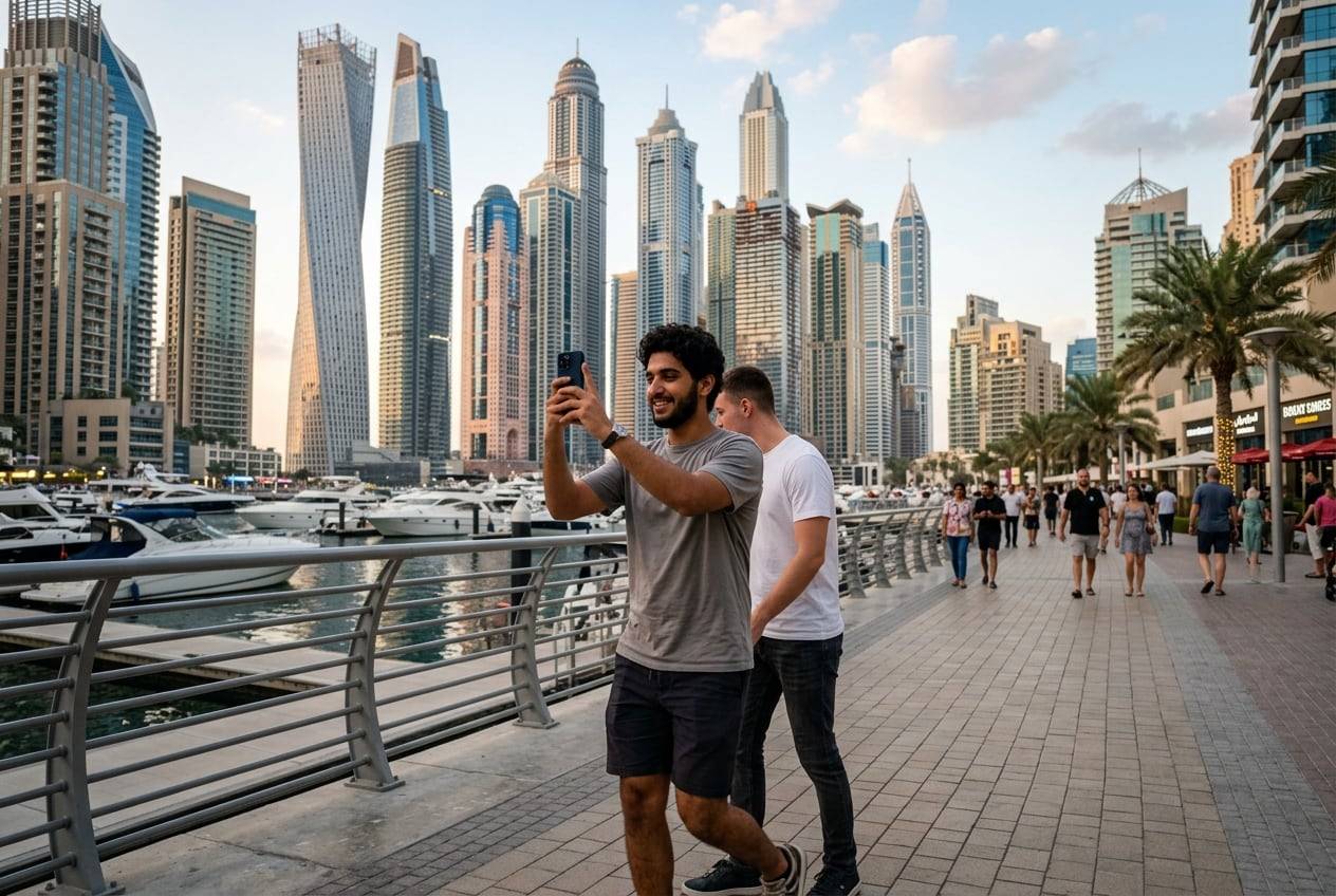 A young man on the Dubai Marina walk, filming a short vertical Reel with a phone, one of them mid-movement