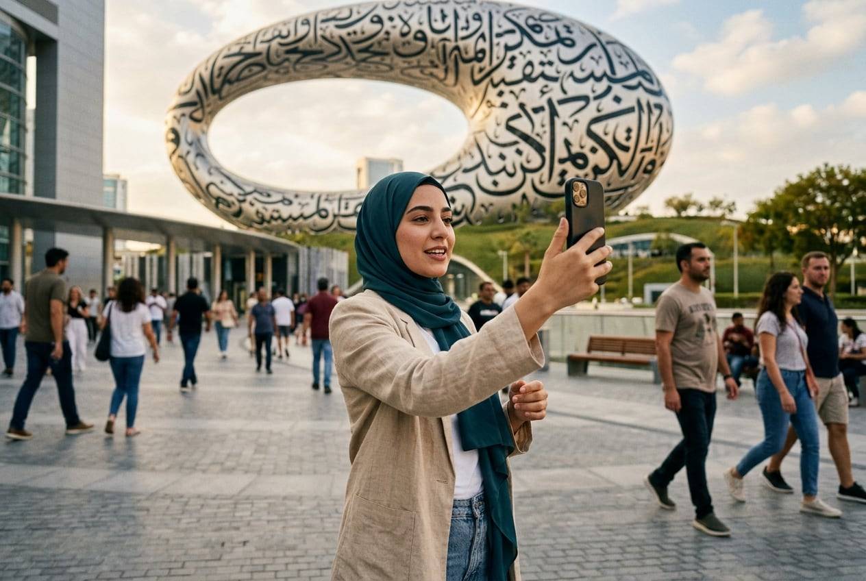 A young woman in a hijab at the Museum of the Future, Dubai, recording a vertical TikTok video talking to a phone held at arm's length