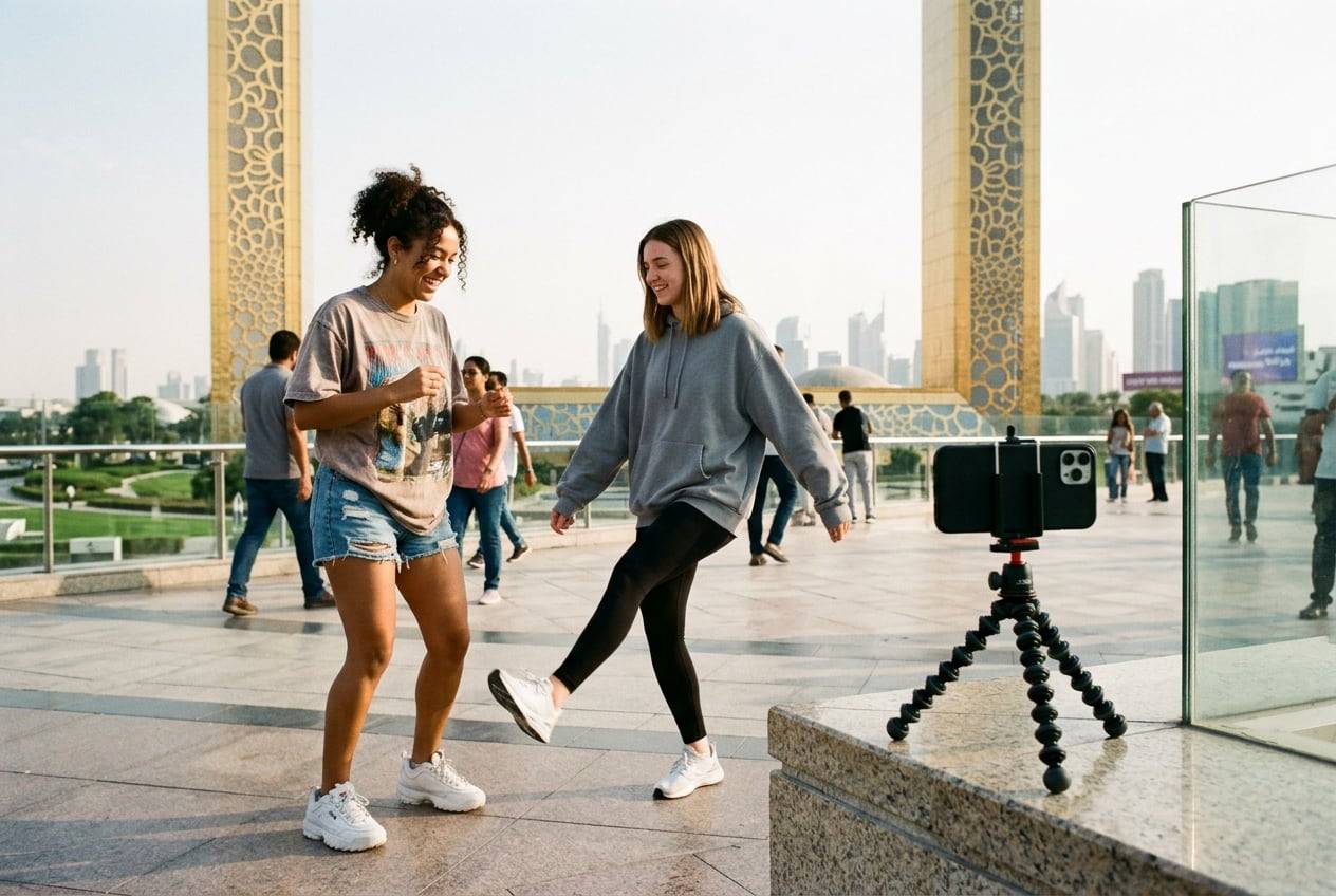 Two friends at the Dubai Frame, dancing a TikTok trend together while a phone on a mini tripod records them