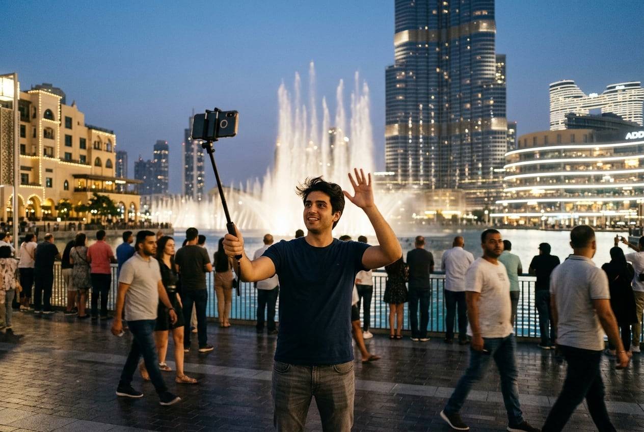 A young man at dusk at the Dubai Fountain, going live on a phone on a selfie stick at dusk, waving at the phone, city lights coming on