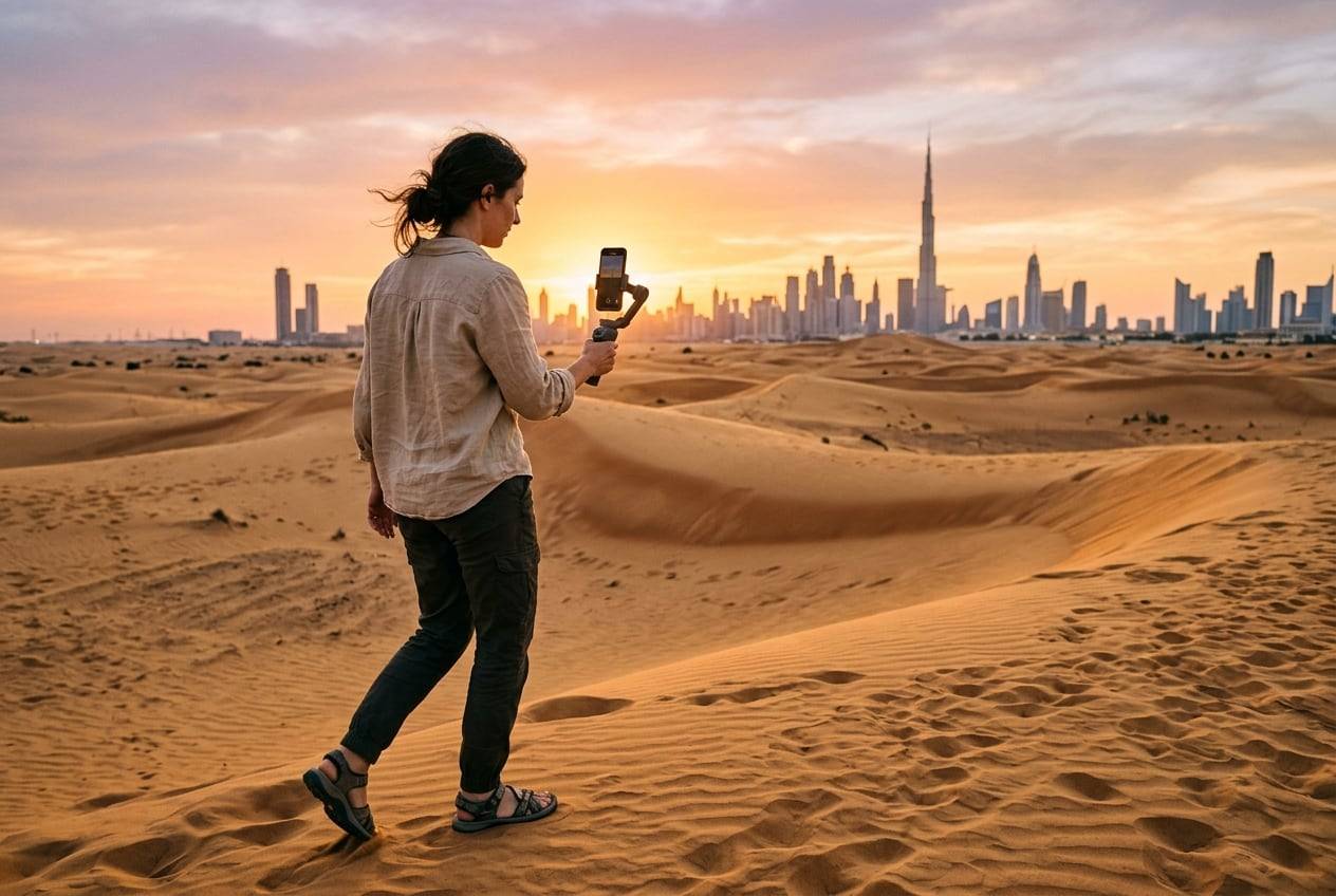 A woman in her 30s in the Dubai desert dunes at sunset, filming a vertical video with a phone gimbal while walking