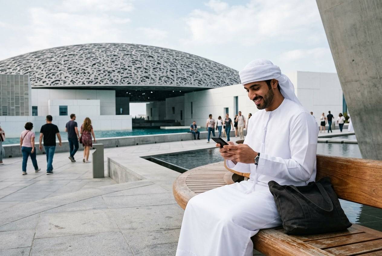 A man in a kandura at the Louvre Abu Dhabi, typing a post on a phone while sitting on a bench, smiling
