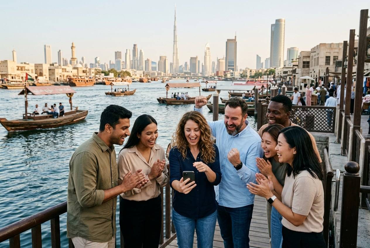 An office team at Dubai Creek with abra boats, cheering while looking at one phone, celebrating a campaign launch, in branded-free company clothes