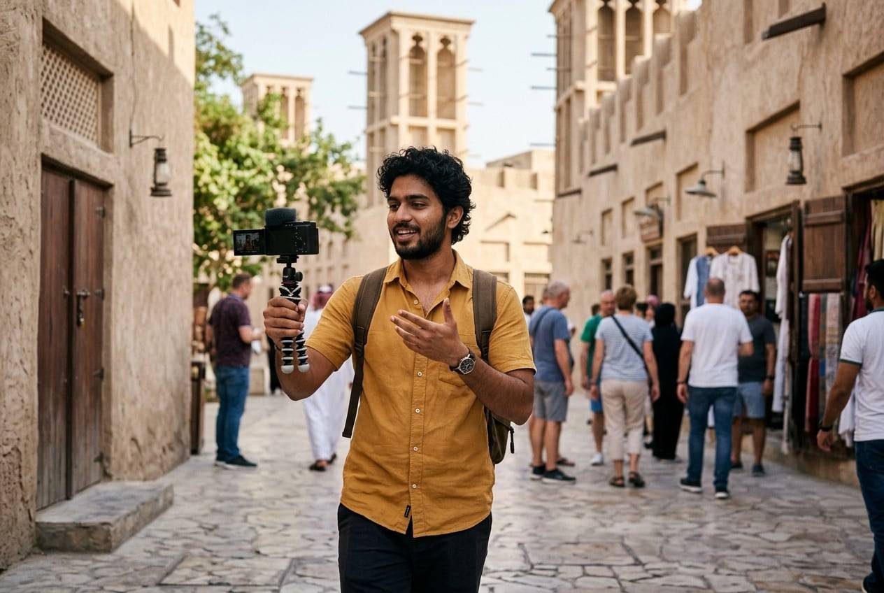 A young Indian man at the Al Fahidi historic district, Dubai, filming a travel vlog with a small camera on a handheld tripod, one person talking