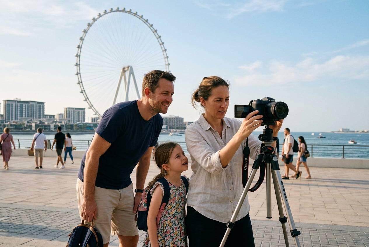 A family at Ain Dubai on Bluewaters Island, filming a wide shot of the scene with a camera on a tripod, checking the flip screen