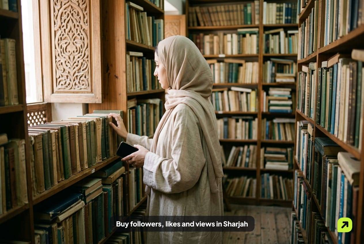 Woman browsing shelves in a small bookshop in old Sharjah, sunlight through a carved wooden window