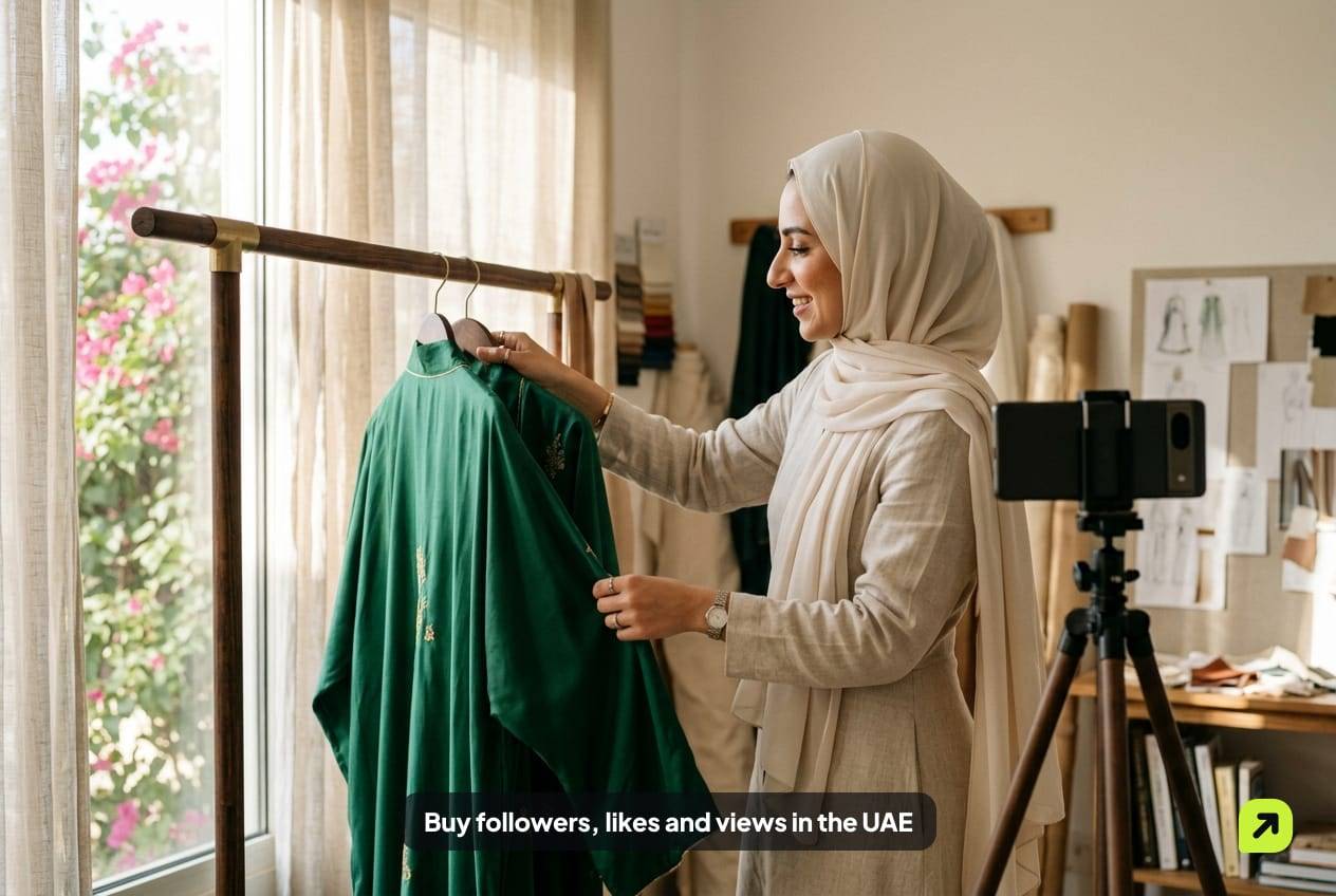 Modest-fashion designer in a hijab arranging a silk abaya on a rail in her Dubai home studio, phone on a tripod