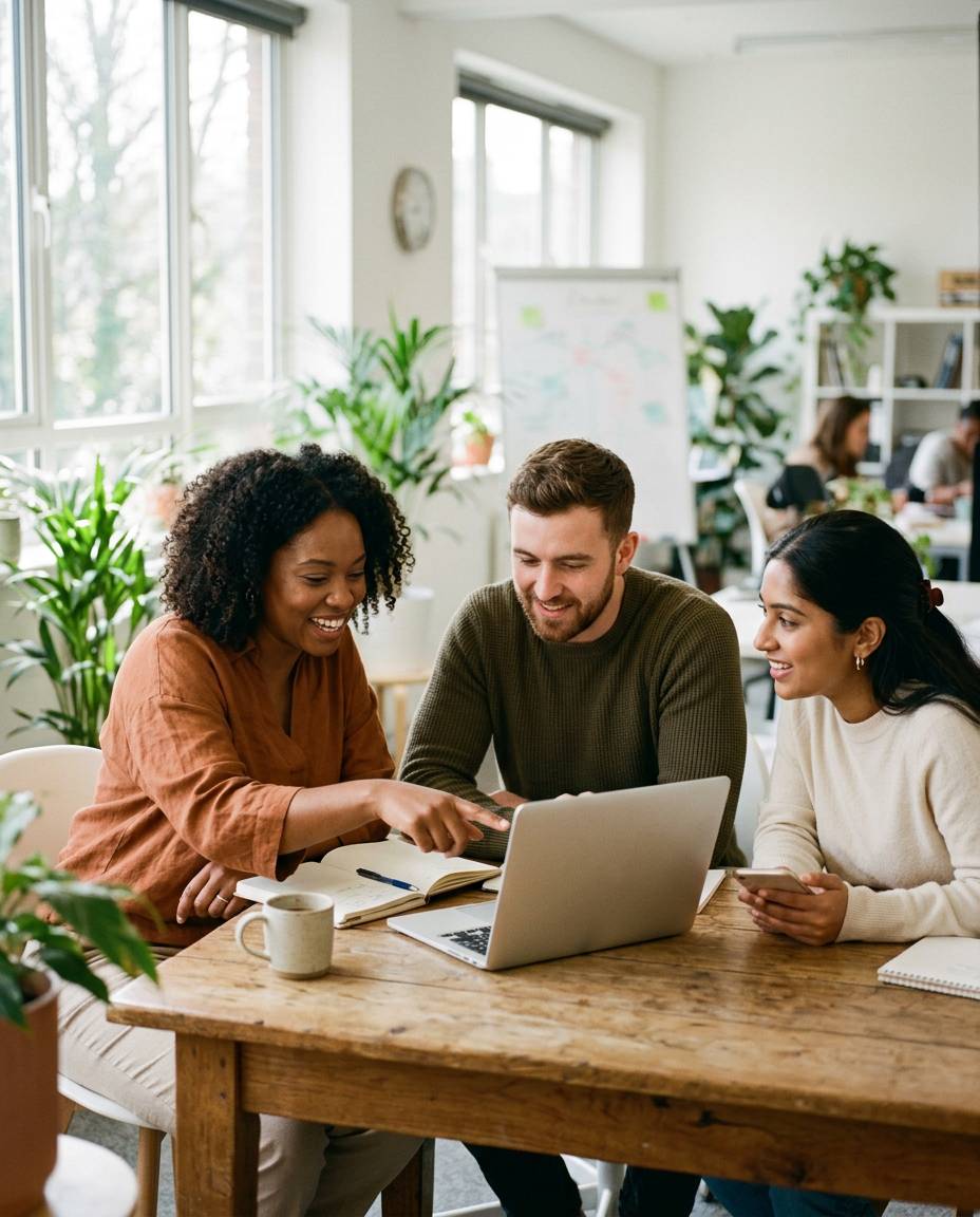 Marketing team discussing a campaign around a laptop