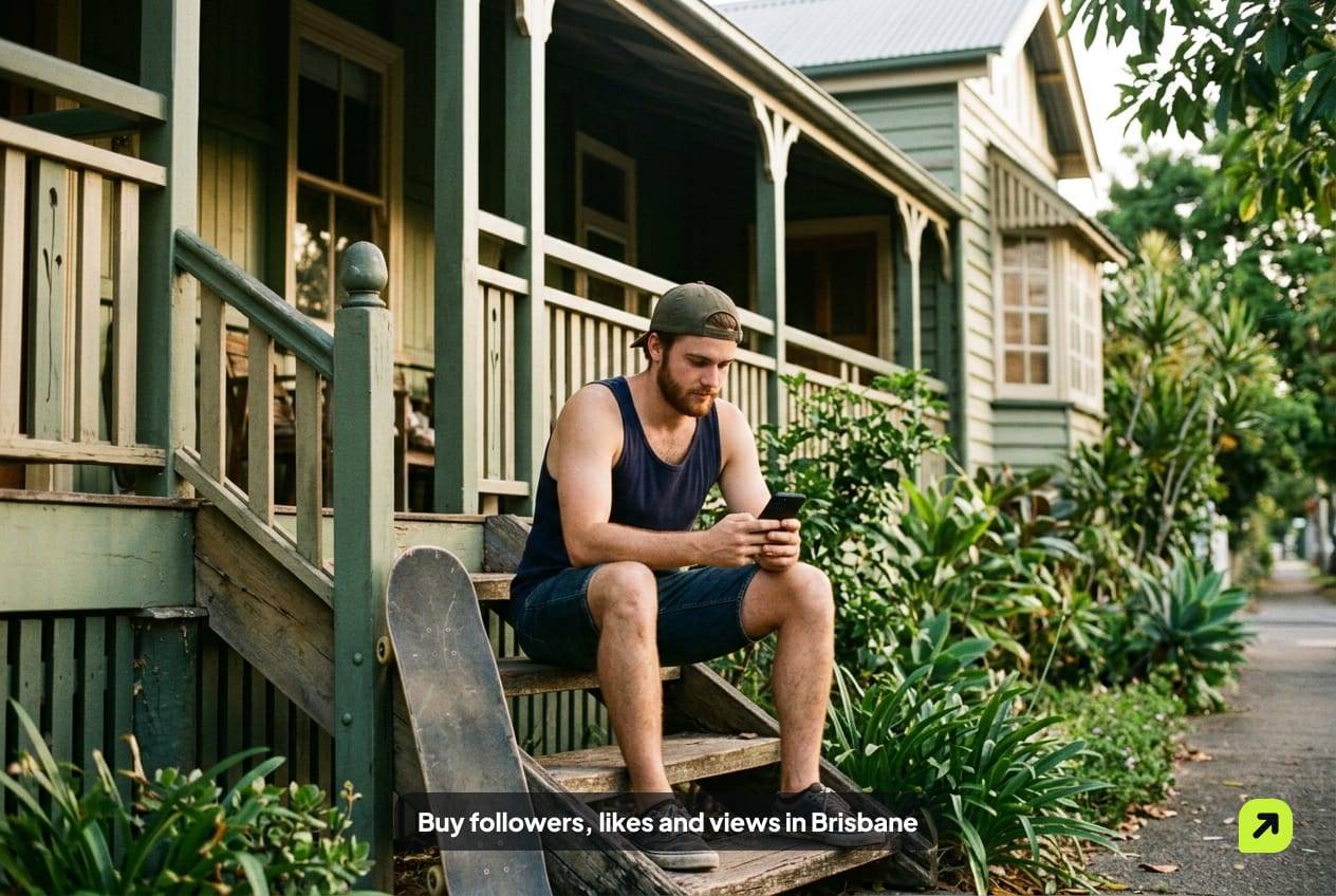 Young man in a singlet and cap on the steps of a timber Queenslander house in West End, Brisbane, looking at his phone