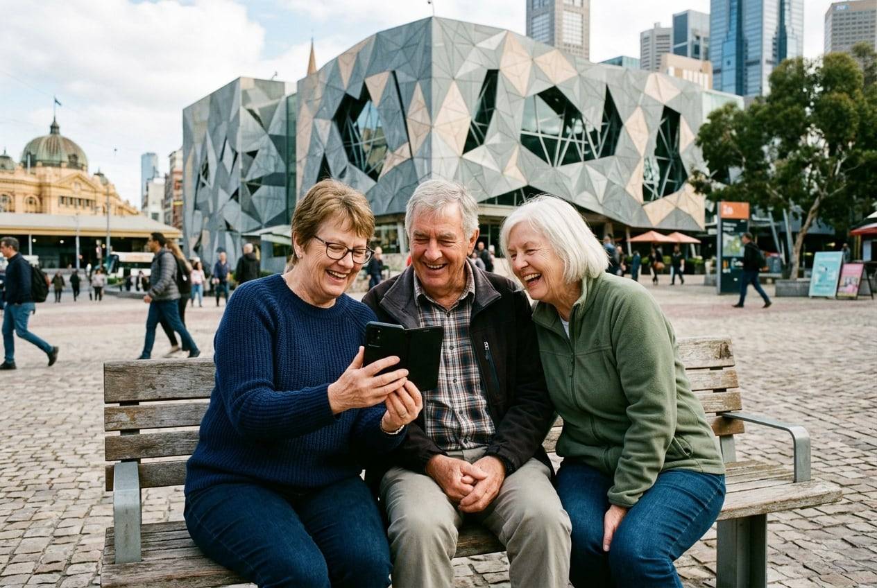 Three older friends at Federation Square, Melbourne, looking at a phone together and laugh at the replies