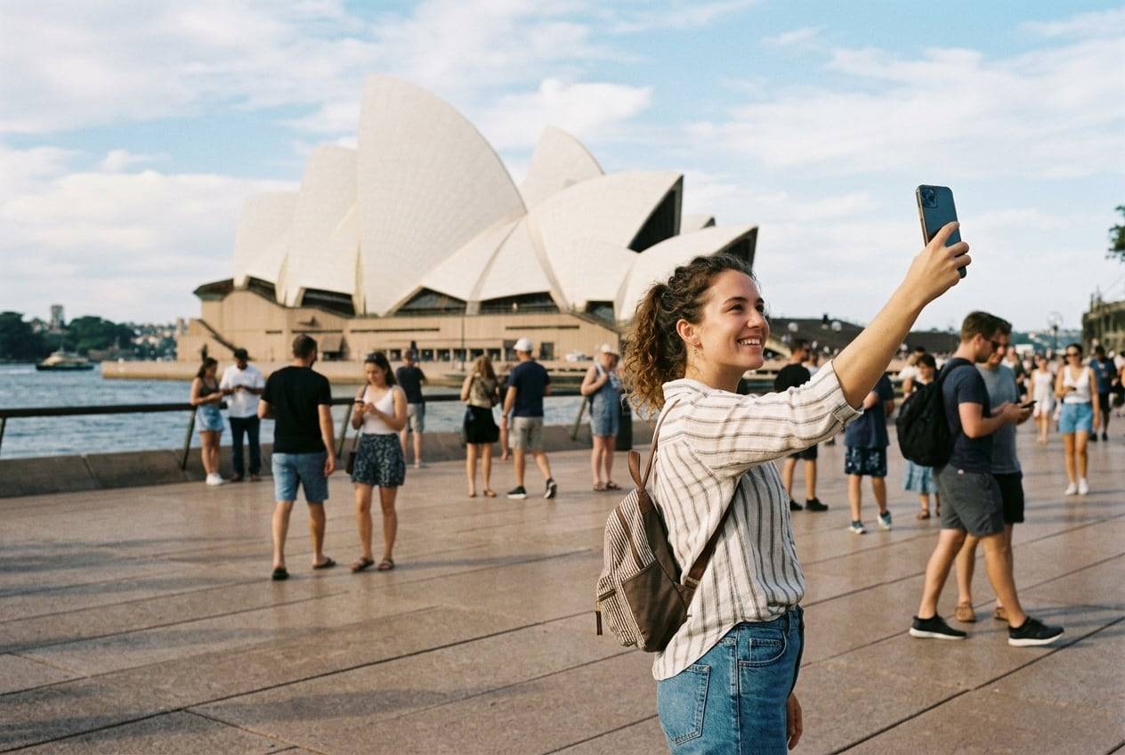 A young woman at the Sydney Opera House forecourt, taking a selfie-style photo for a Instagram profile with a phone held up