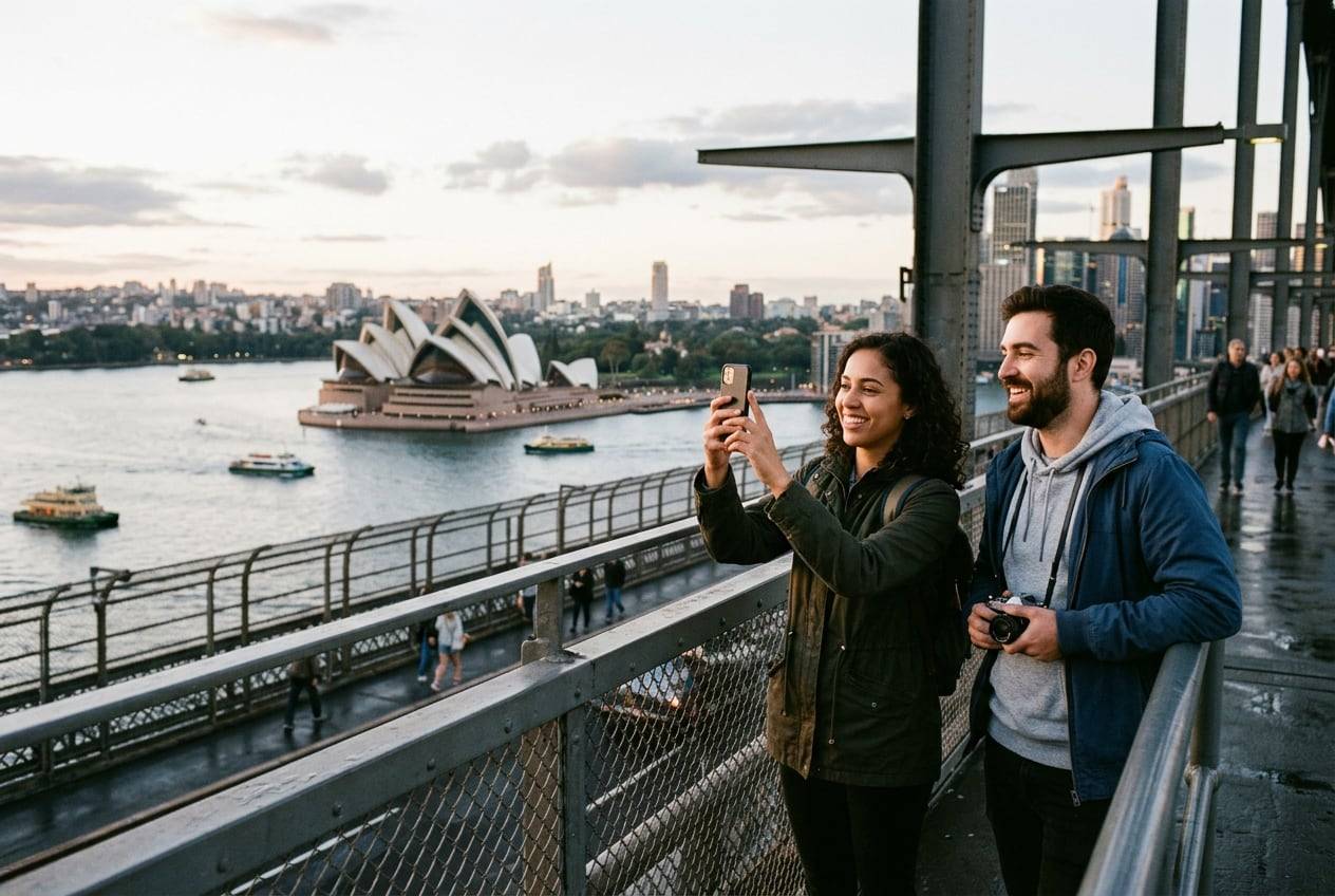 A couple on the Sydney Harbour Bridge walkway, photographing the view and each other with a phone for an Instagram post