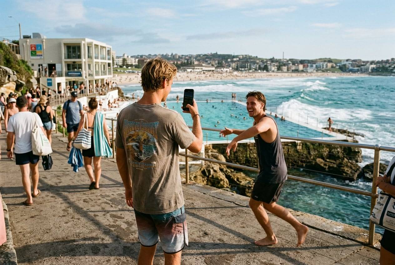 A young man at Bondi Beach with the ocean pool behind, filming a short vertical Reel with a phone, one of them mid-movement