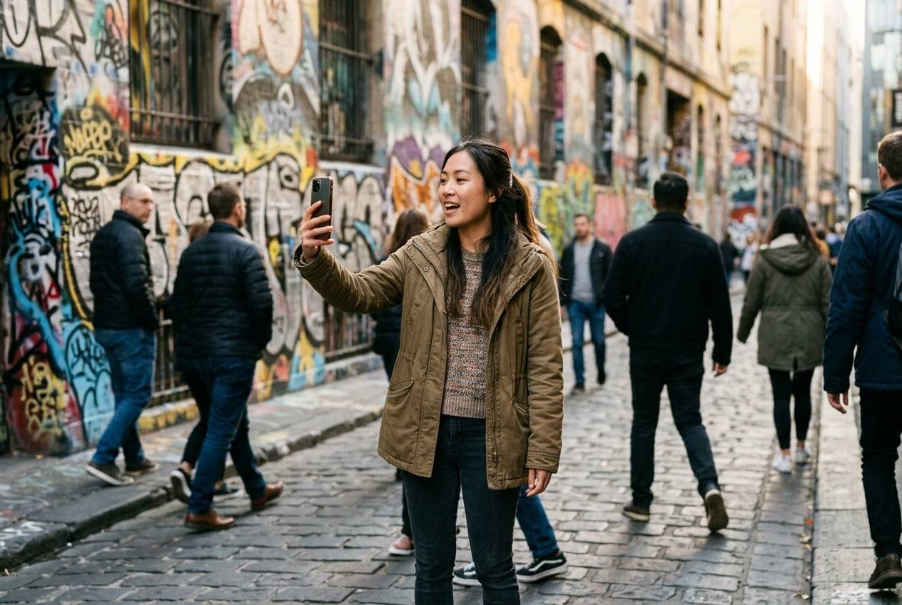 A Vietnamese-Australian woman on Hosier Lane street-art laneway, Melbourne, recording a vertical TikTok video talking to a phone held at arm's length