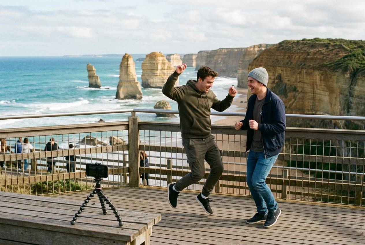 Two mates on the Twelve Apostles lookout, Great Ocean Road, dancing a TikTok trend together while a phone on a mini tripod records them