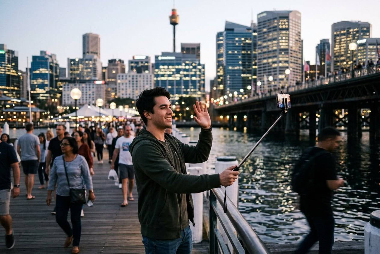 A young man at dusk at Darling Harbour, Sydney, going live on a phone on a selfie stick at dusk, waving at the phone, city lights coming on