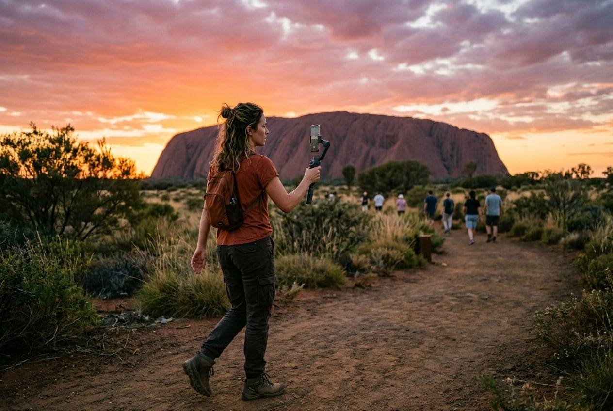A woman in her 30s at Uluru at sunset, filming a vertical video with a phone gimbal while walking