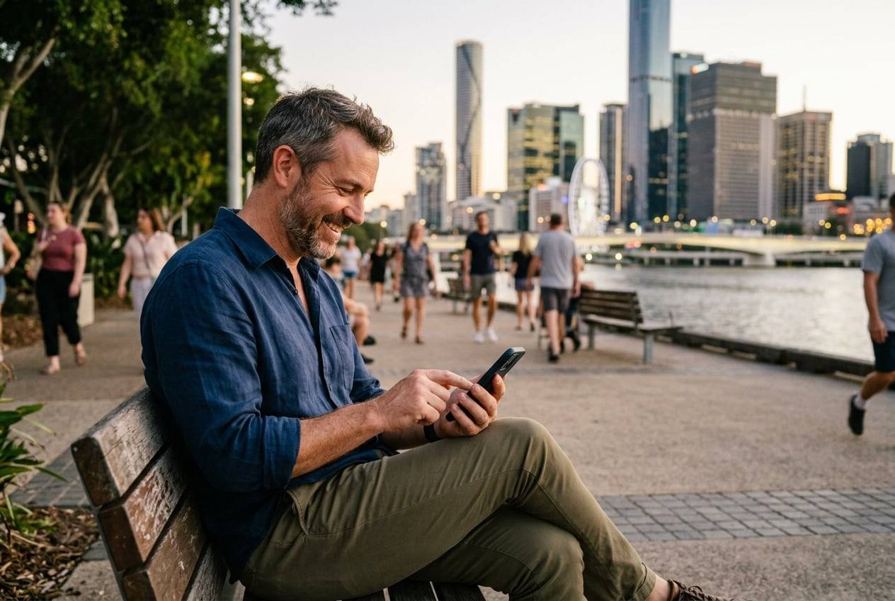 A man in his 40s at South Bank, Brisbane, typing a post on a phone while sitting on a bench, smiling