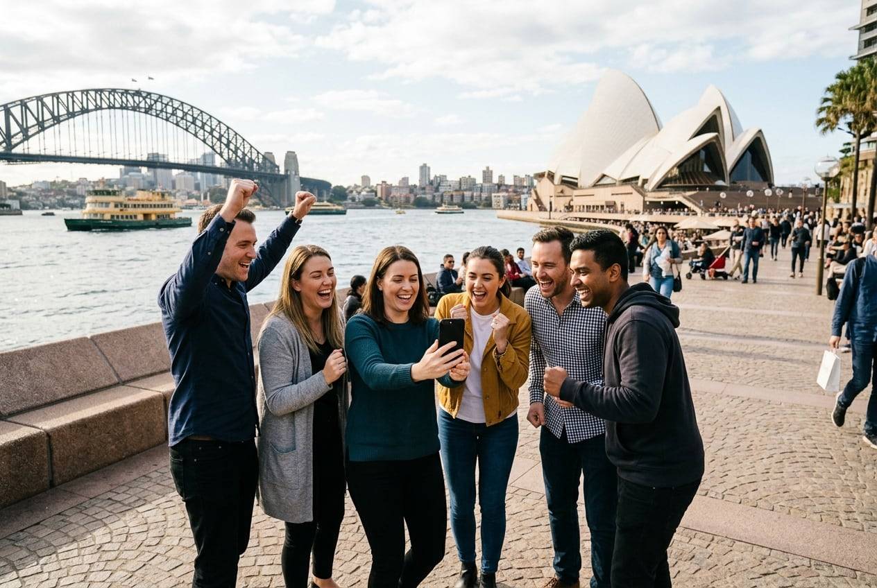 An office team at Circular Quay, Sydney, cheering while looking at one phone, celebrating a campaign launch, in branded-free company clothes