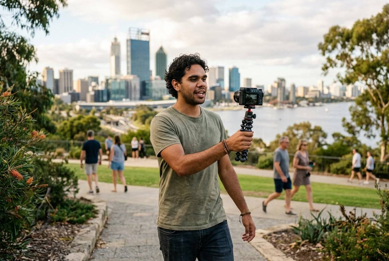 A young Aboriginal Australian man at Kings Park, Perth, filming a travel vlog with a small camera on a handheld tripod, one person talking