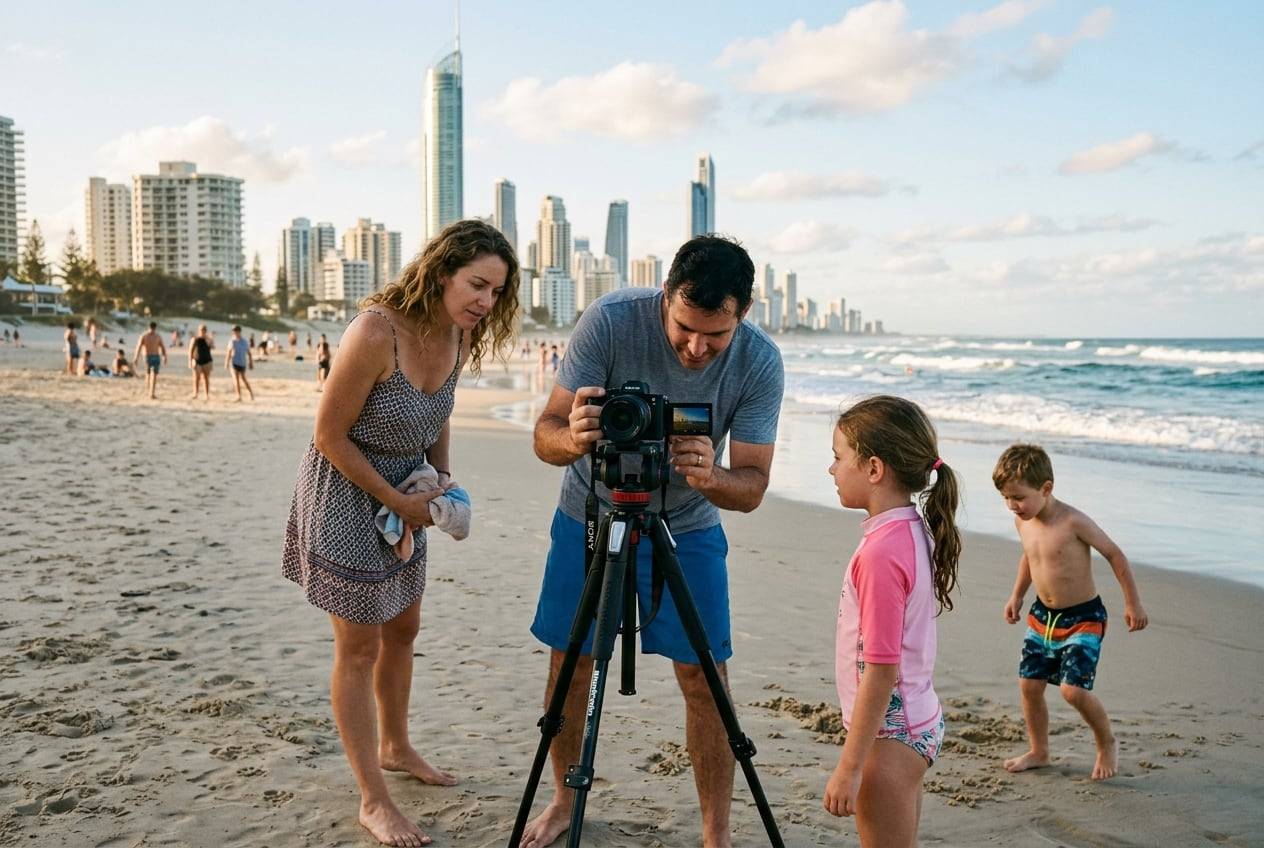 A family at Surfers Paradise beach, Gold Coast, filming a wide shot of the scene with a camera on a tripod, checking the flip screen