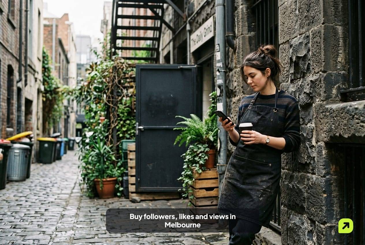 Barista in a black apron on a break in a bluestone laneway behind a Melbourne café on an overcast morning