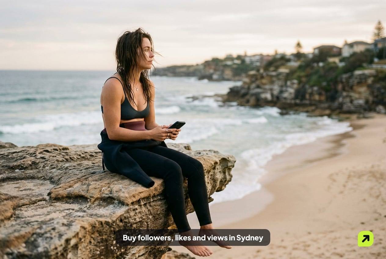 Young woman in a half-unzipped wetsuit on a sandstone ledge on Sydney's eastern coast at dawn, holding her phone