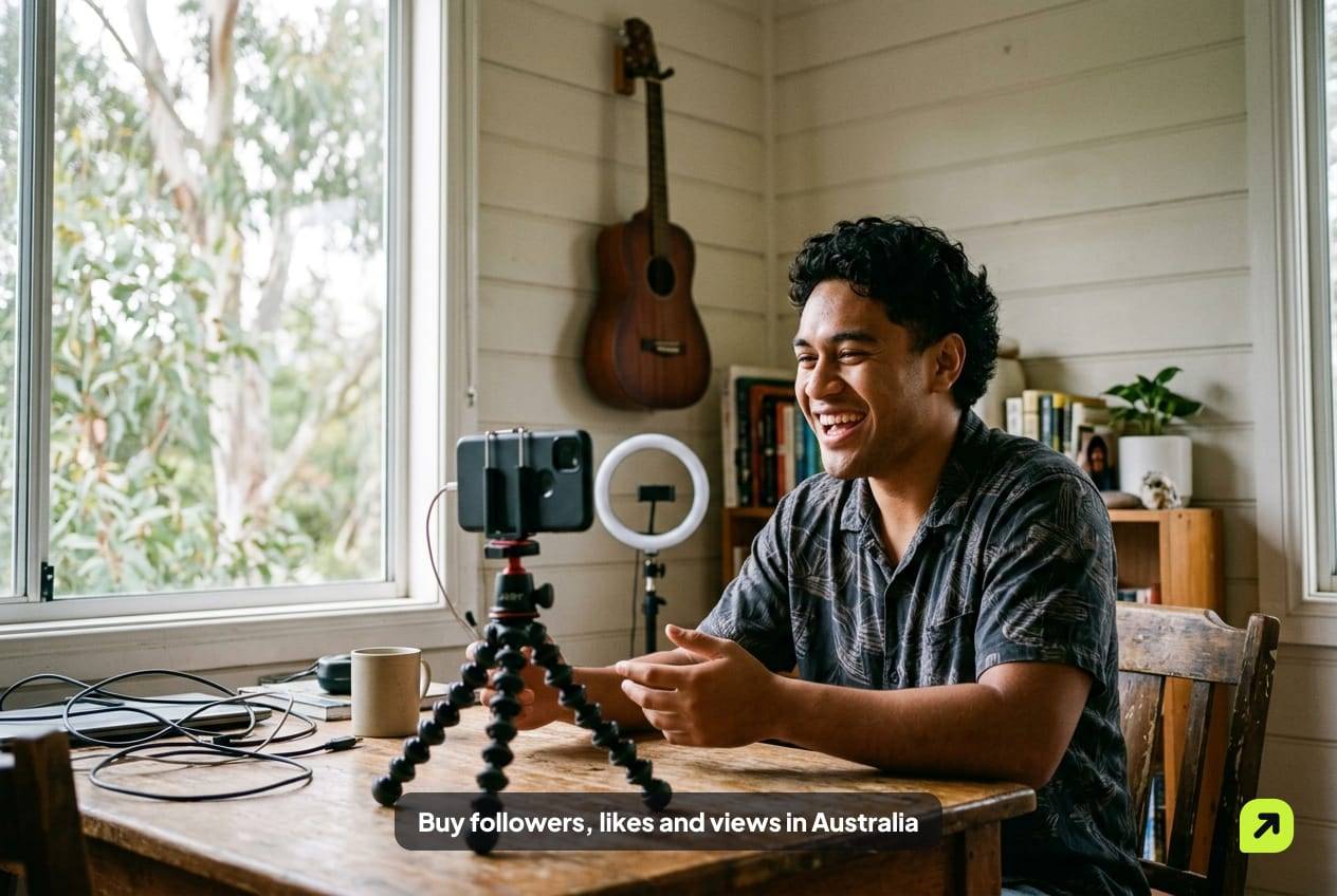 Streamer laughing as he talks to a camera on a tripod in a sunlit weatherboard room, guitar on the wall behind him