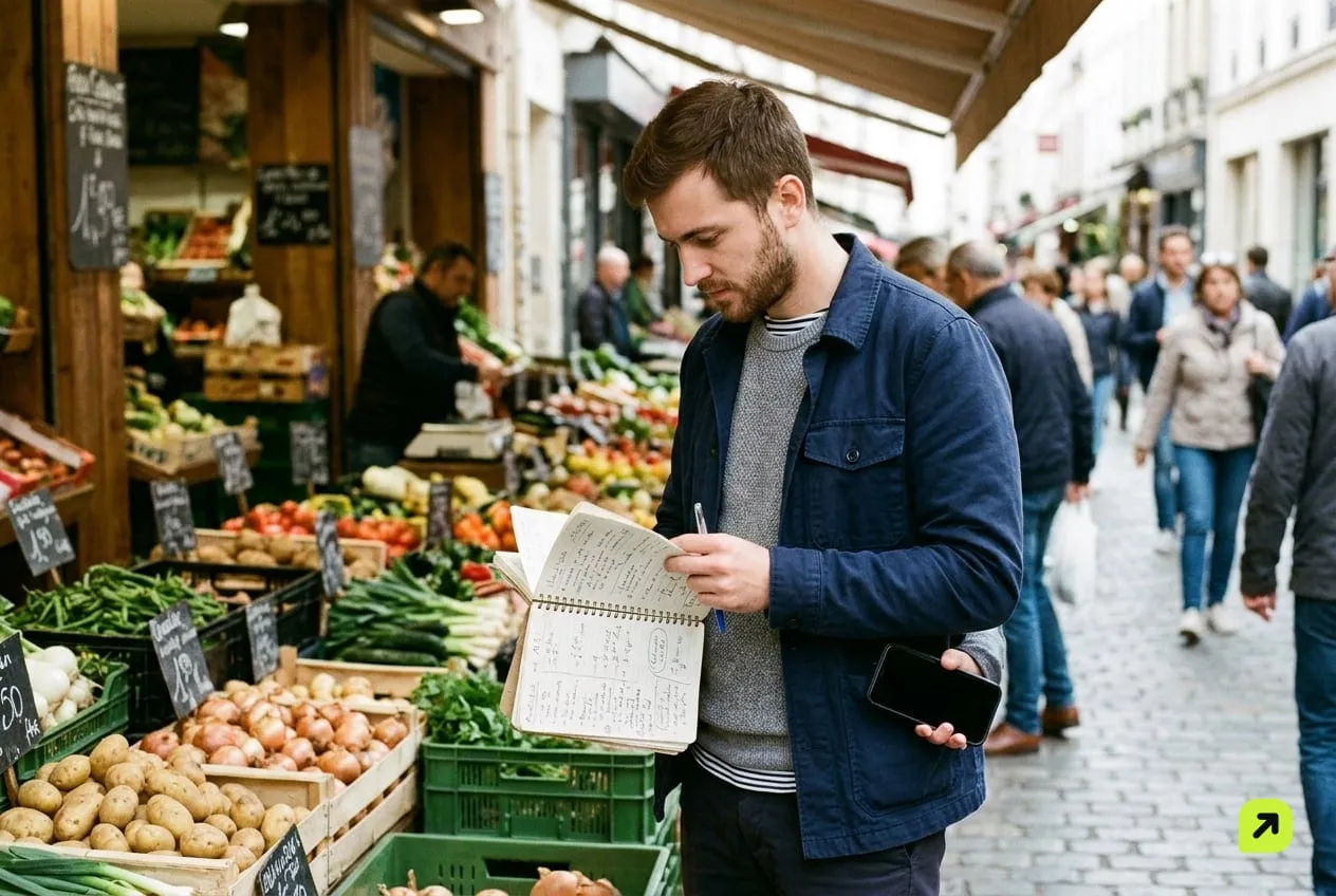 Man at a market stall reading a notebook of order notes with a phone held at his side, screen facing away