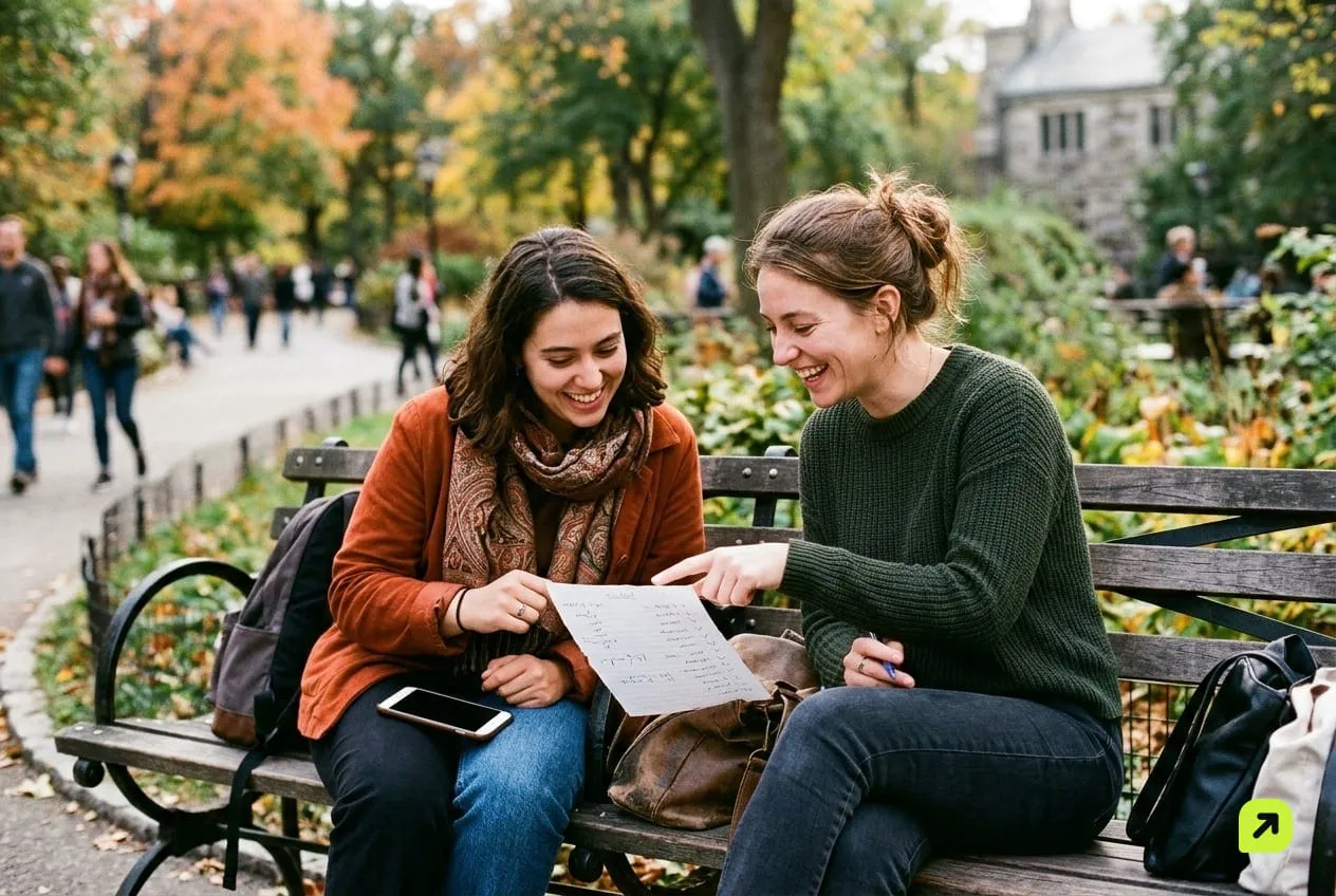 Two friends on a park bench looking at a paper list between them, phone resting face down on a knee