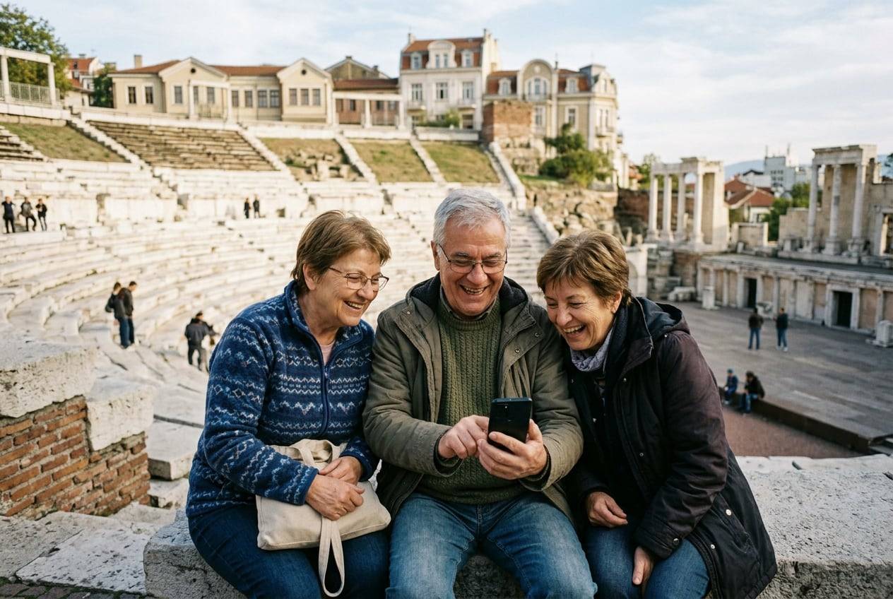 Three older friends at the Roman stadium in Plovdiv old town, looking at a phone together and laugh at the replies