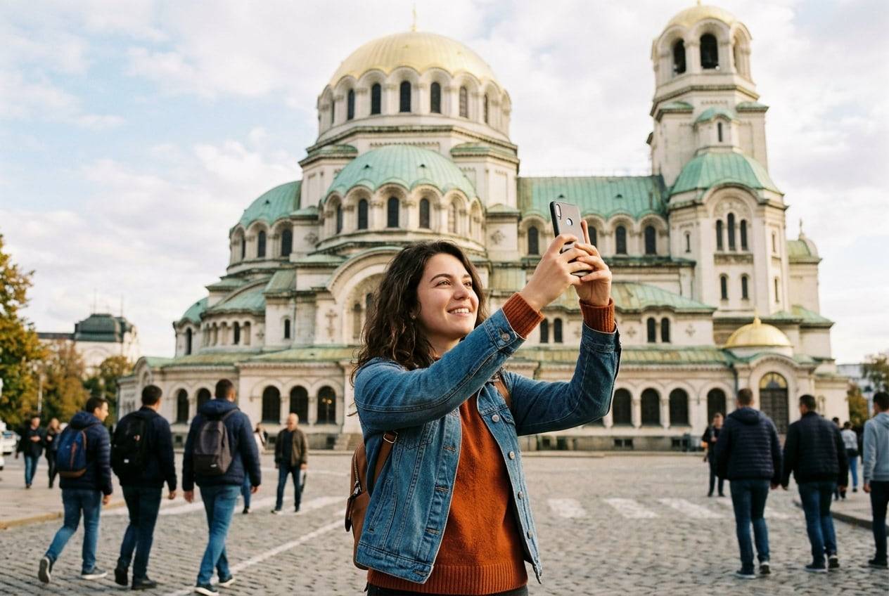 A young woman at Alexander Nevsky Cathedral, Sofia, taking a selfie-style photo for a Instagram profile with a phone held up
