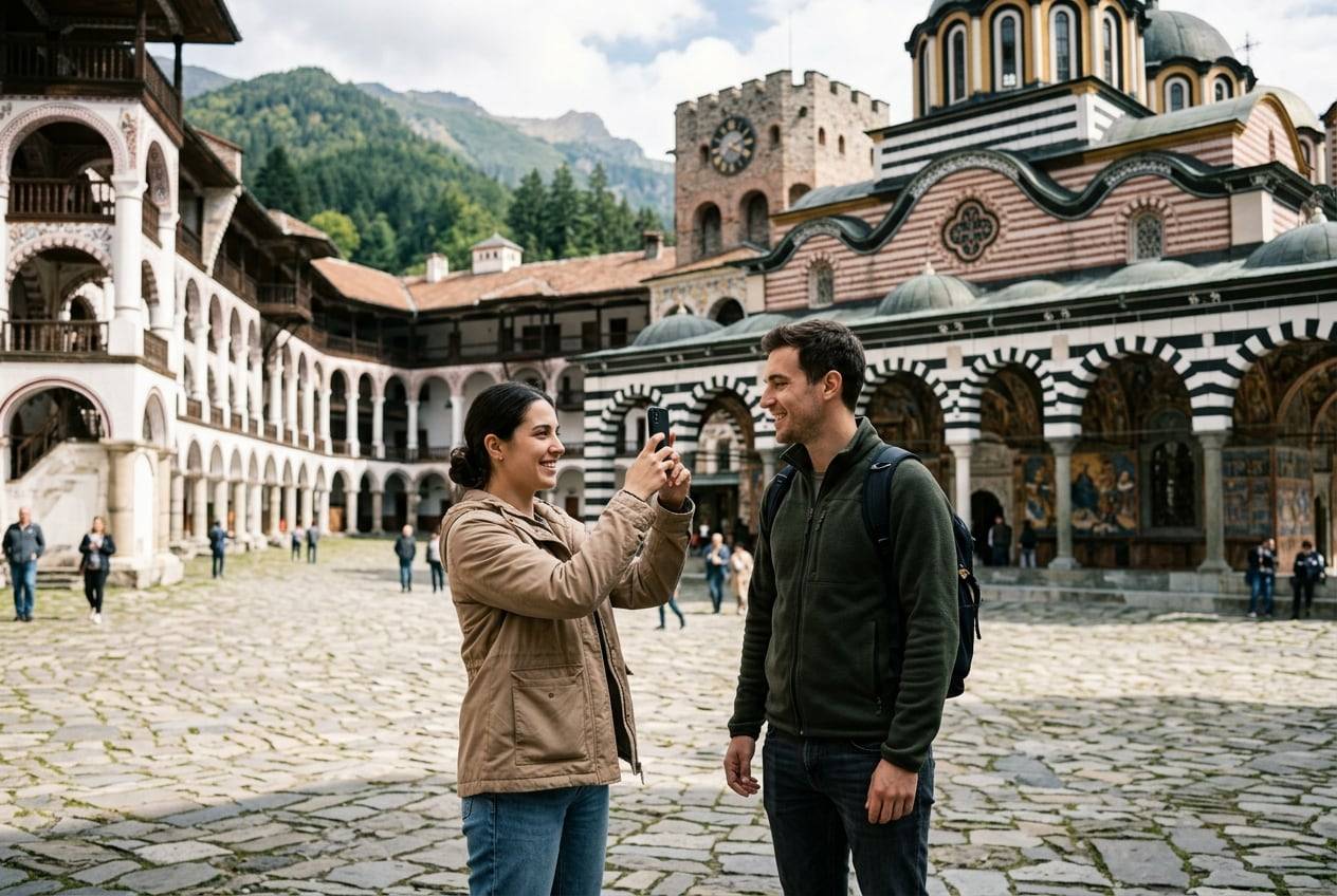 A couple at Rila Monastery, photographing the view and each other with a phone for an Instagram post