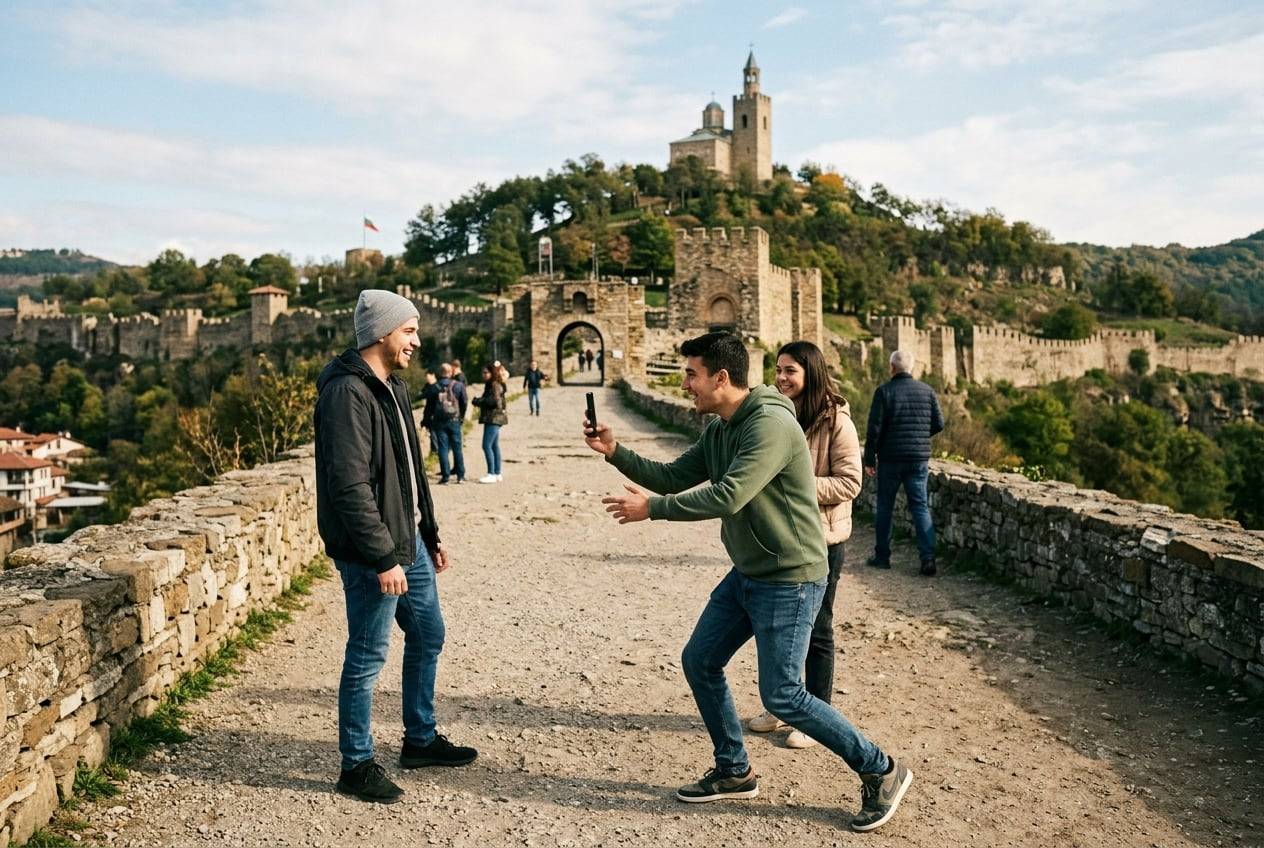 A young man at Tsarevets Fortress, Veliko Tarnovo, filming a short vertical Reel with a phone, one of them mid-movement