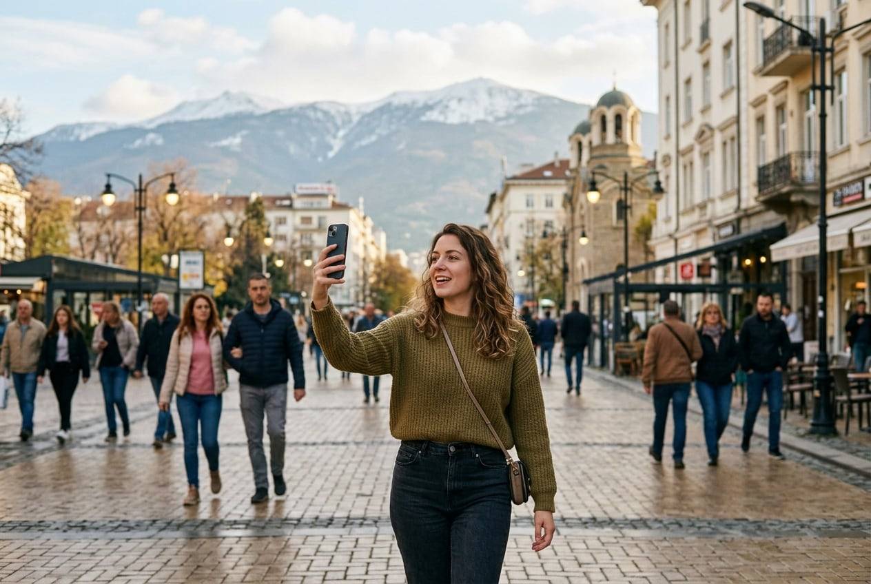 A young woman on Vitosha Boulevard, Sofia, recording a vertical TikTok video talking to a phone held at arm's length