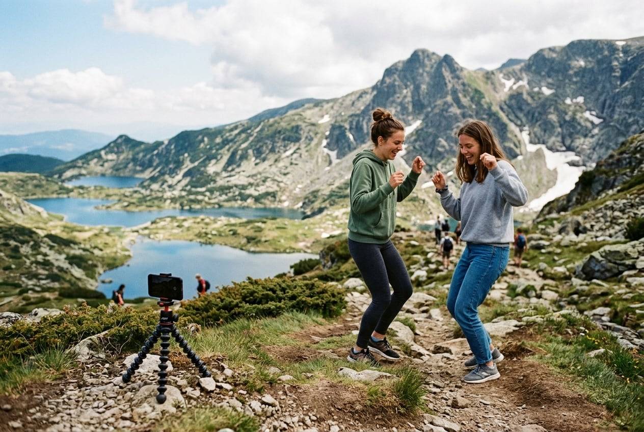Two friends at the Seven Rila Lakes, dancing a TikTok trend together while a phone on a mini tripod records them
