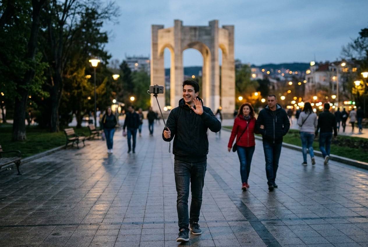 A young man at dusk on the Varna Sea Garden promenade, going live on a phone on a selfie stick at dusk, waving at the phone, city lights coming on
