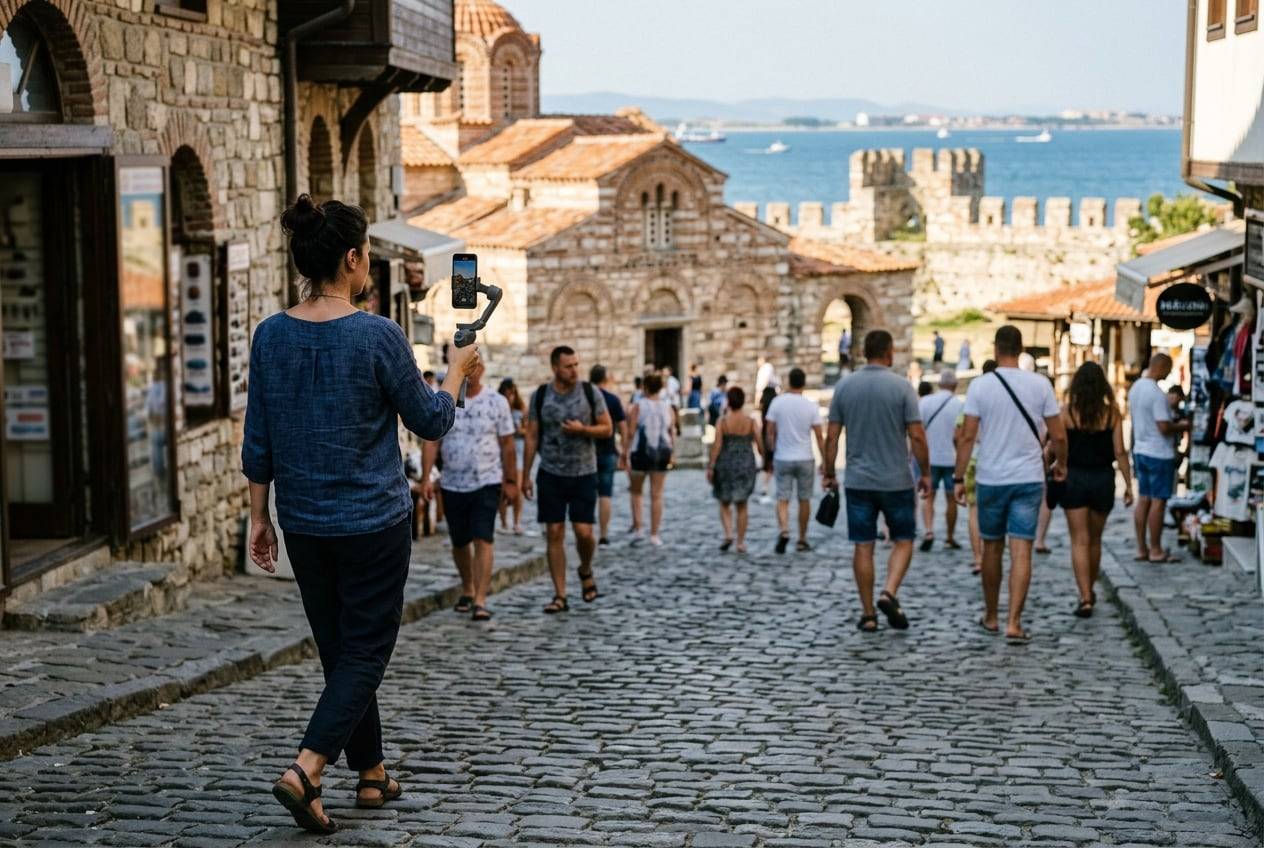 A woman in her 30s at Nesebar old town by the sea, filming a vertical video with a phone gimbal while walking