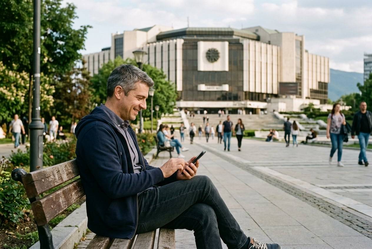 A man in his 40s at the National Palace of Culture, Sofia, typing a post on a phone while sitting on a bench, smiling