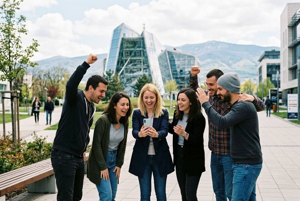 An office team at the Sofia Tech Park, cheering while looking at one phone, celebrating a campaign launch, in branded-free company clothes
