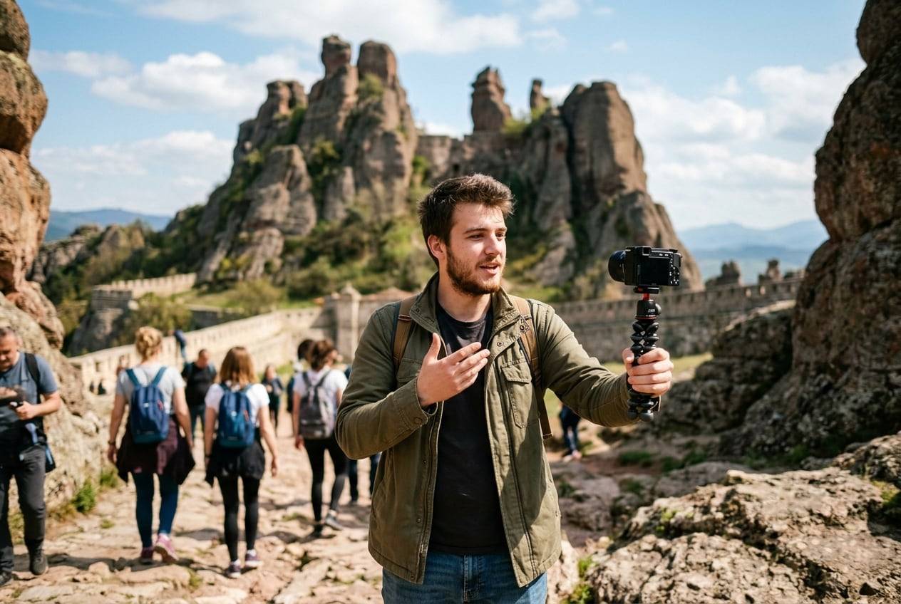 A young man at the Belogradchik Rocks, filming a travel vlog with a small camera on a handheld tripod, one person talking