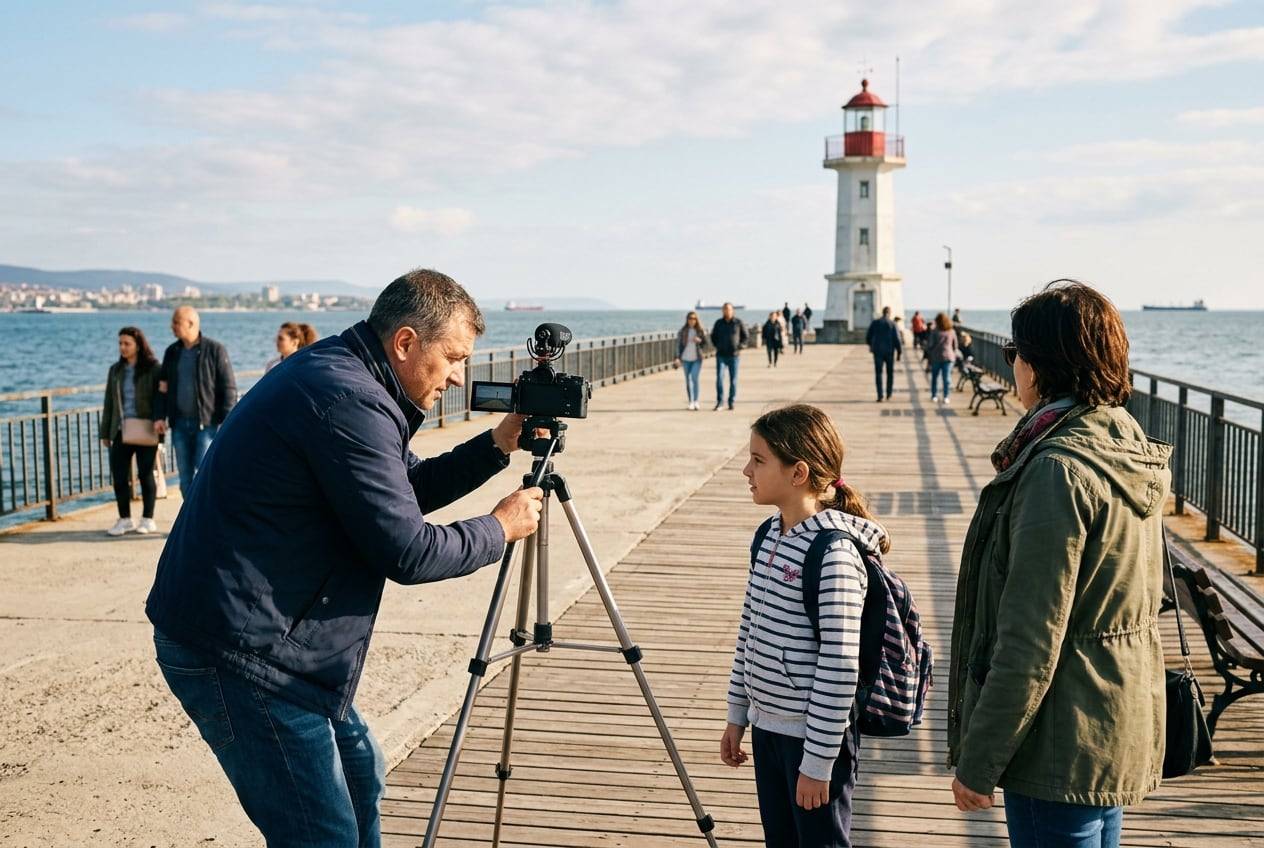 A family at the Burgas Sea Garden pier, filming a wide shot of the scene with a camera on a tripod, checking the flip screen