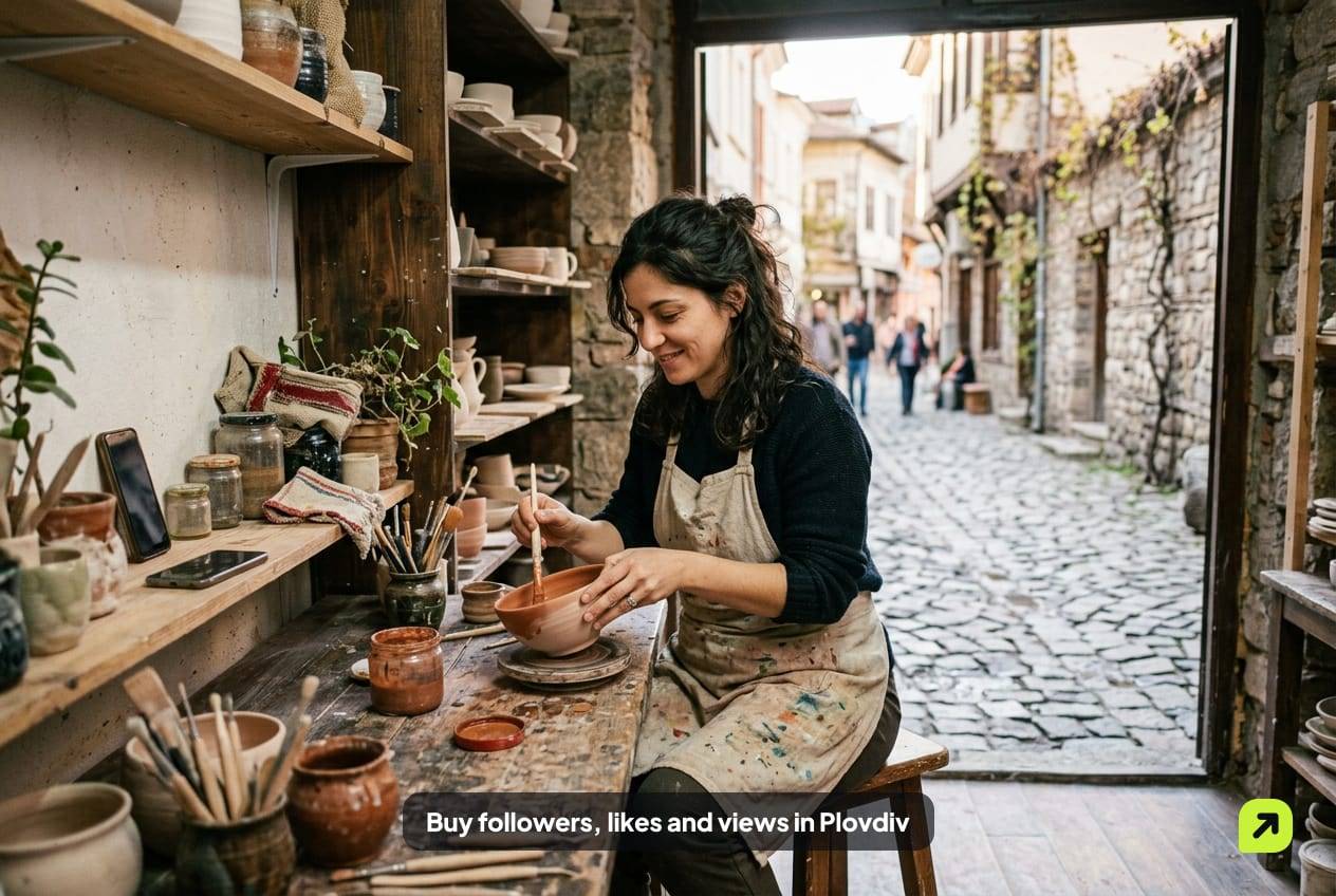 Ceramicist glazing a bowl in a small workshop in Plovdiv's Kapana district in afternoon light