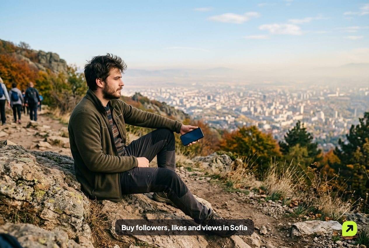 Hiker resting on a rock on a Vitosha trail above Sofia on a clear autumn afternoon