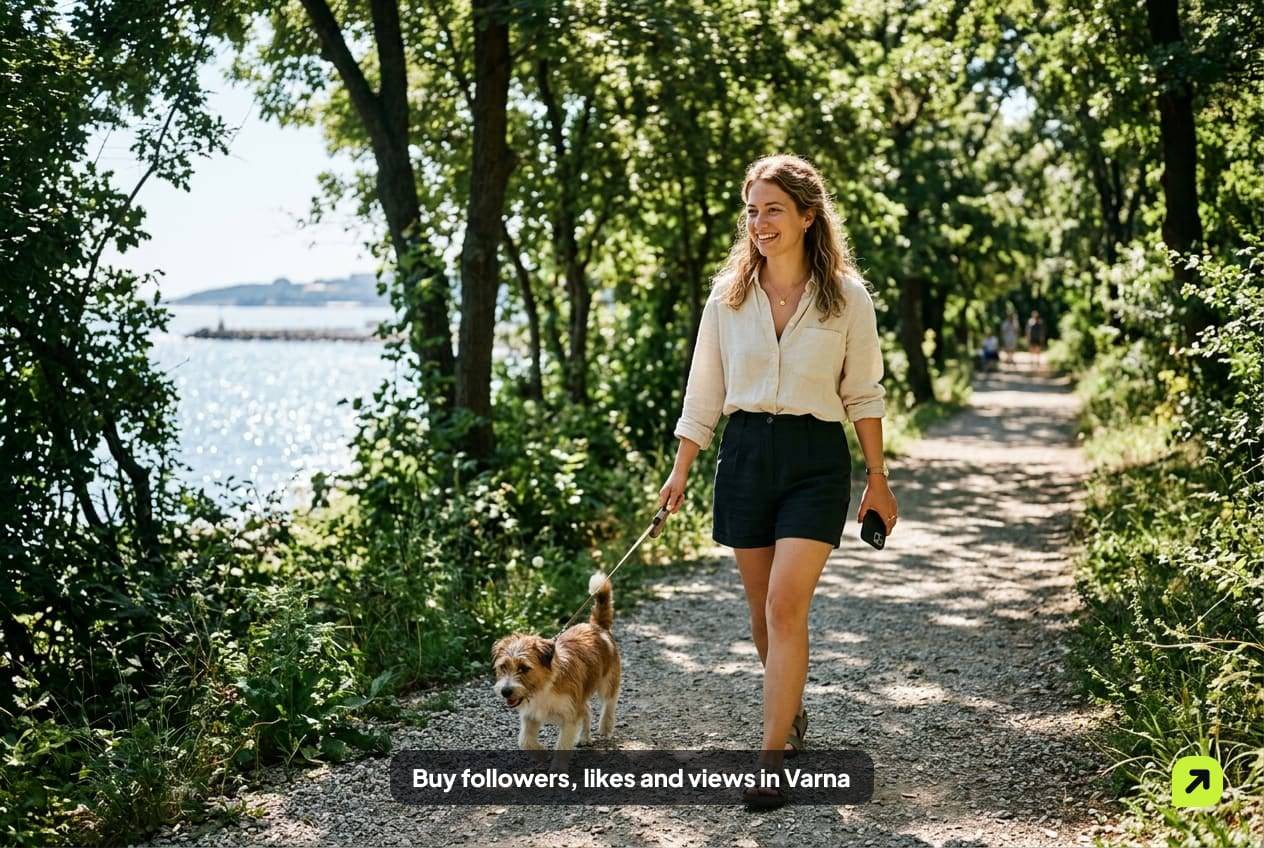 Woman walking a dog along a shaded path in Varna's Sea Garden on an early summer morning
