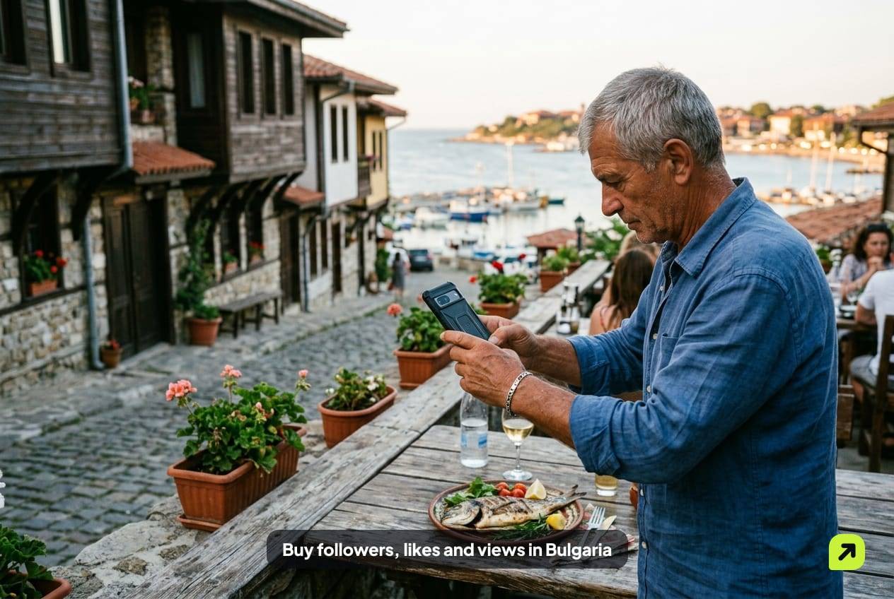 Taverna owner photographing a plate of grilled fish on a terrace above a cobbled lane on Bulgaria's Black Sea coast